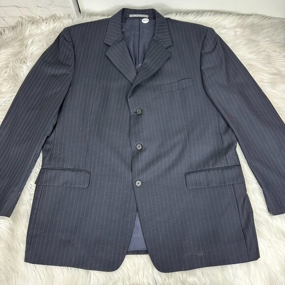 Hickey Freeman Men's Blue Tan Striped Wool Three Button Business Suit Jacket 46R - Picture 1 of 10